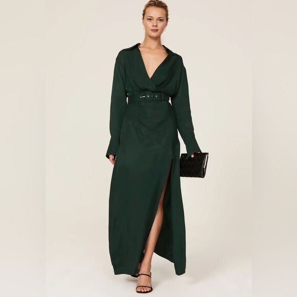 NICHOLAS Deep Green Satin Dress Maxi - NEW - Size 6 BELTED - Picture 1 of 5